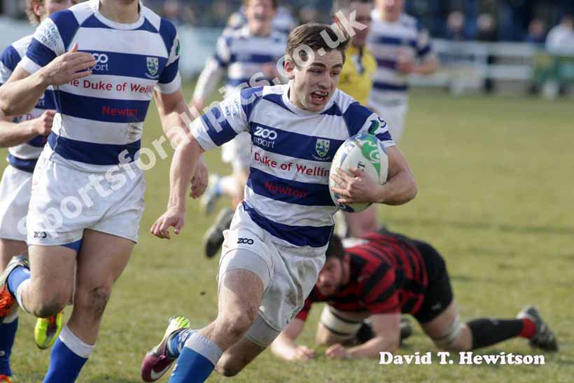 Tynedale's Harry Peck breaks through to score a try against Blackheath, National League Division 1, Tynedale Park, Corbridge, Northumberland.